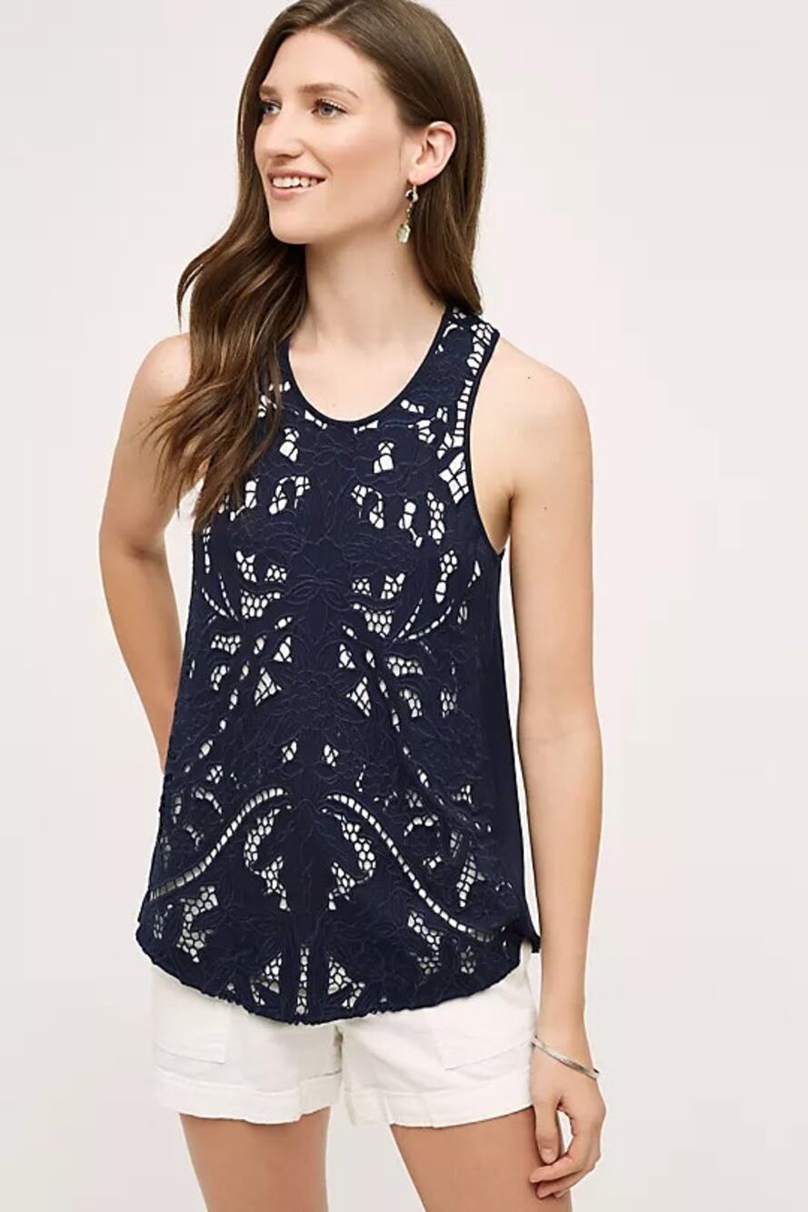 Anthropologie Akemi + Kin Navy Blue Filigree Lace Tank Top Women's Size Small